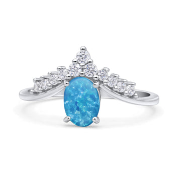 V Midi Chevron Oval Thumb Ring Statement Fashion Ring Lab Created Blue Opal 925 Sterling Silver